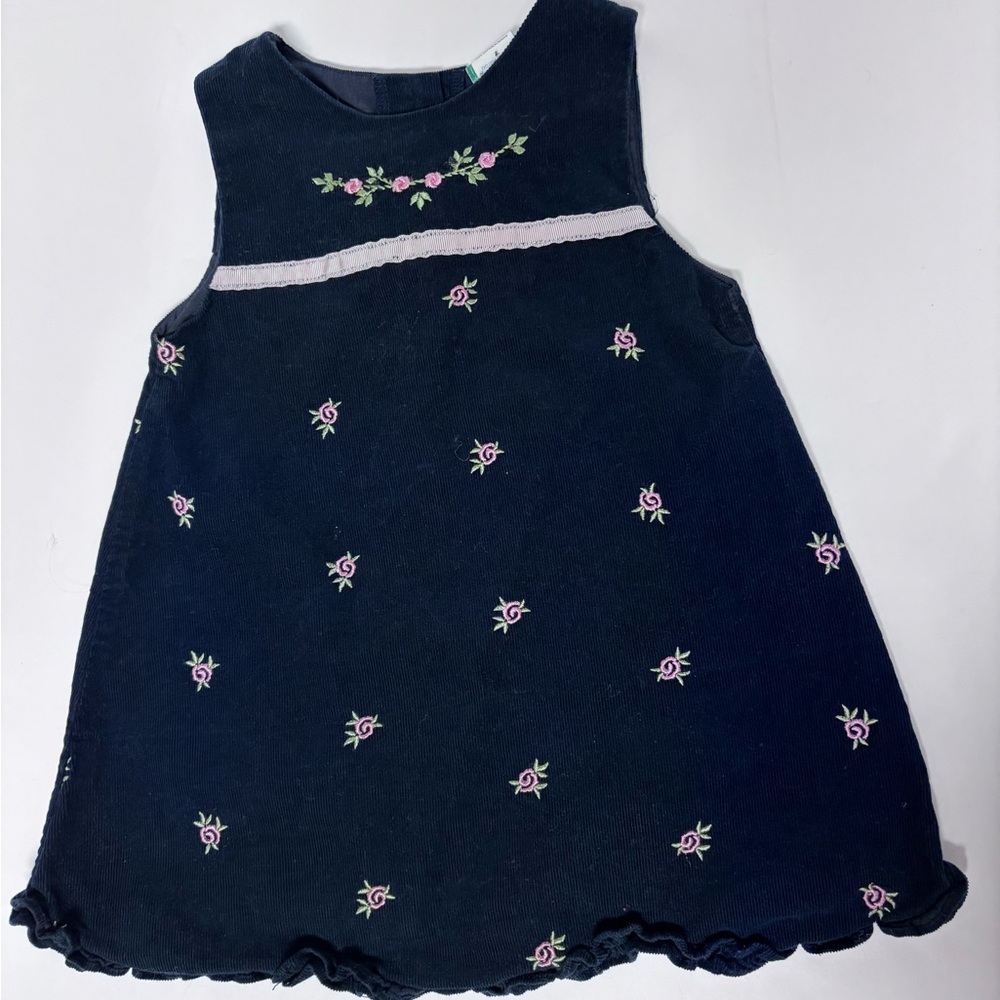 Vintage Navy Blue Floral Embroidered Corduroy Kids Dress size 18 months